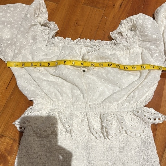SPELL & the gypsy co white Mini dress Chain Ruched smocked eyelet sleeves - Picture 11 of 16